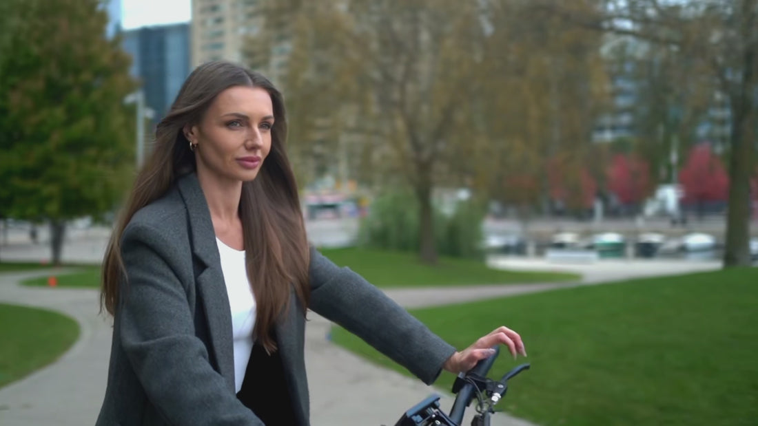 Commuting woman Riding E-bike around city  